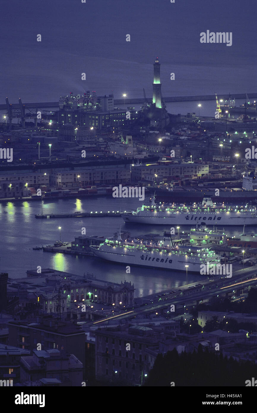 L'Italia, Genova, vista città, notte, luci, porto, navi, torre faro, acqua, il Mar Mediterraneo, case, città, Foto Stock