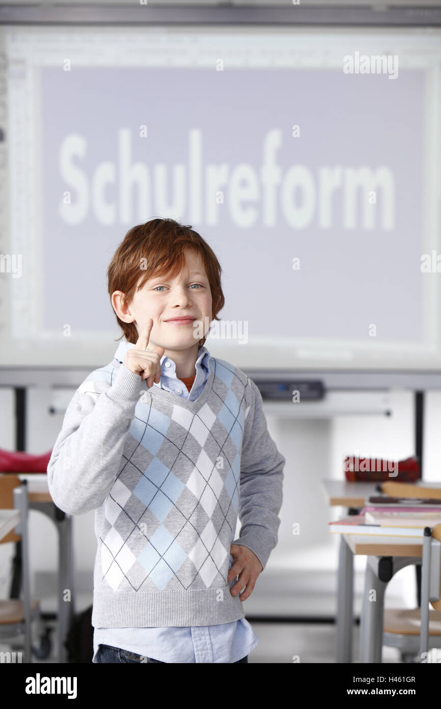 Ragazzo, scuola, aule, stand, gesto, Foto Stock
