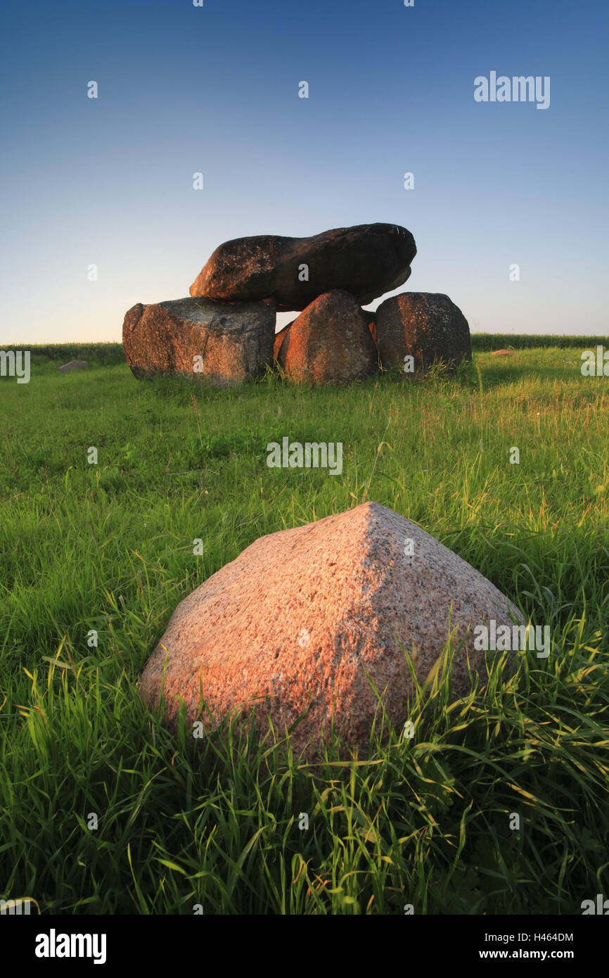 Germania, Sassonia-Anhalt, Drosa, tomba megalitica, luce della sera, Foto Stock