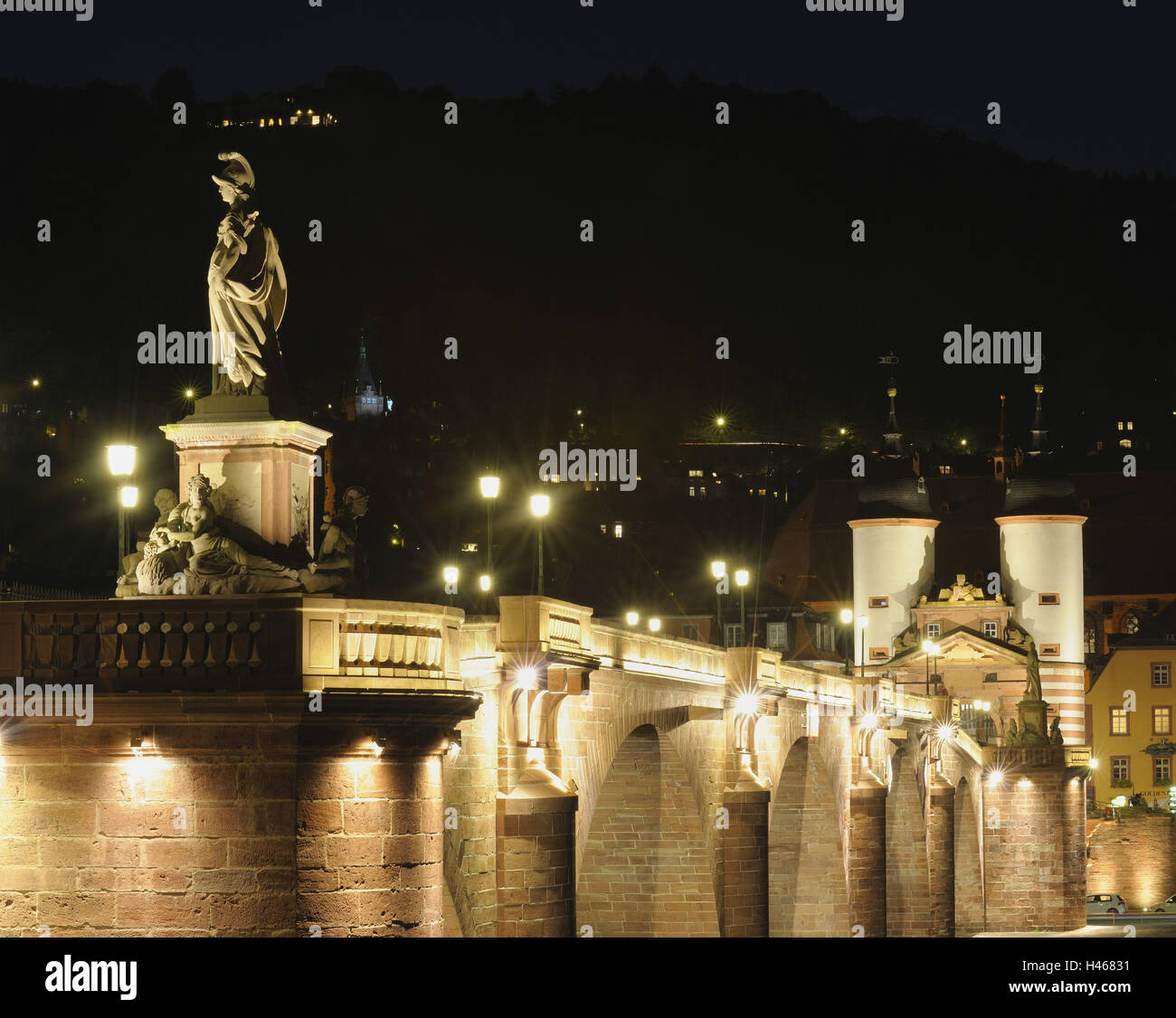 Ponte Vecchio, notte, statua, torri, Gate bridge, Heidelberg, Baden-Württemberg, Foto Stock