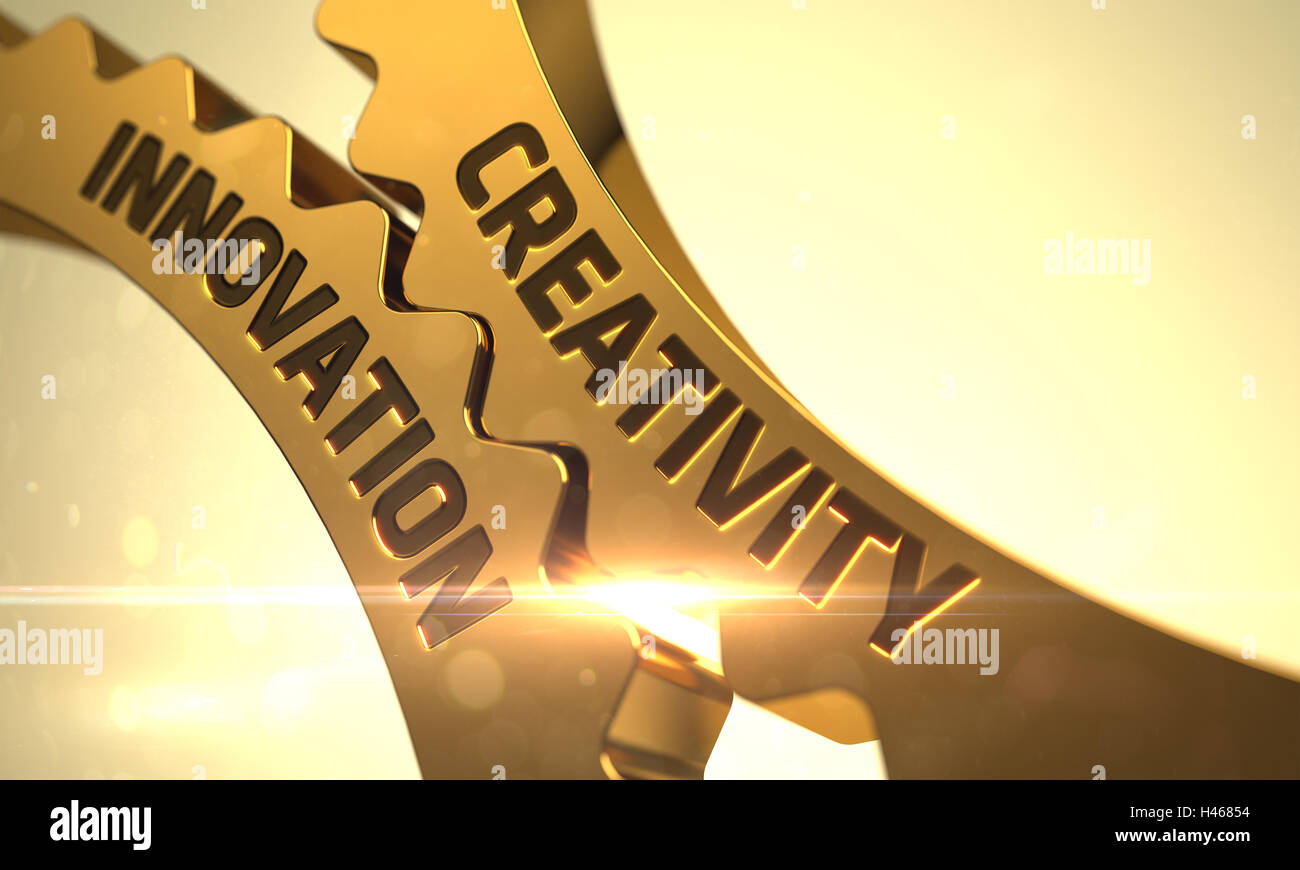Creatività il concetto di innovazione. Oro metallizzato Cog marce. 3D. Foto Stock