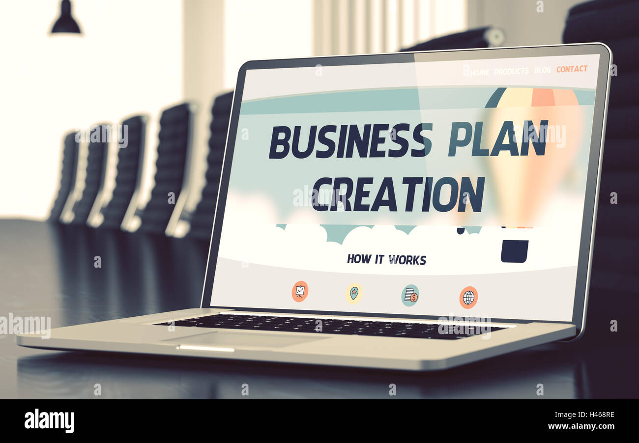 Business Plan creazione su laptop nella sala conferenza. 3D. Foto Stock