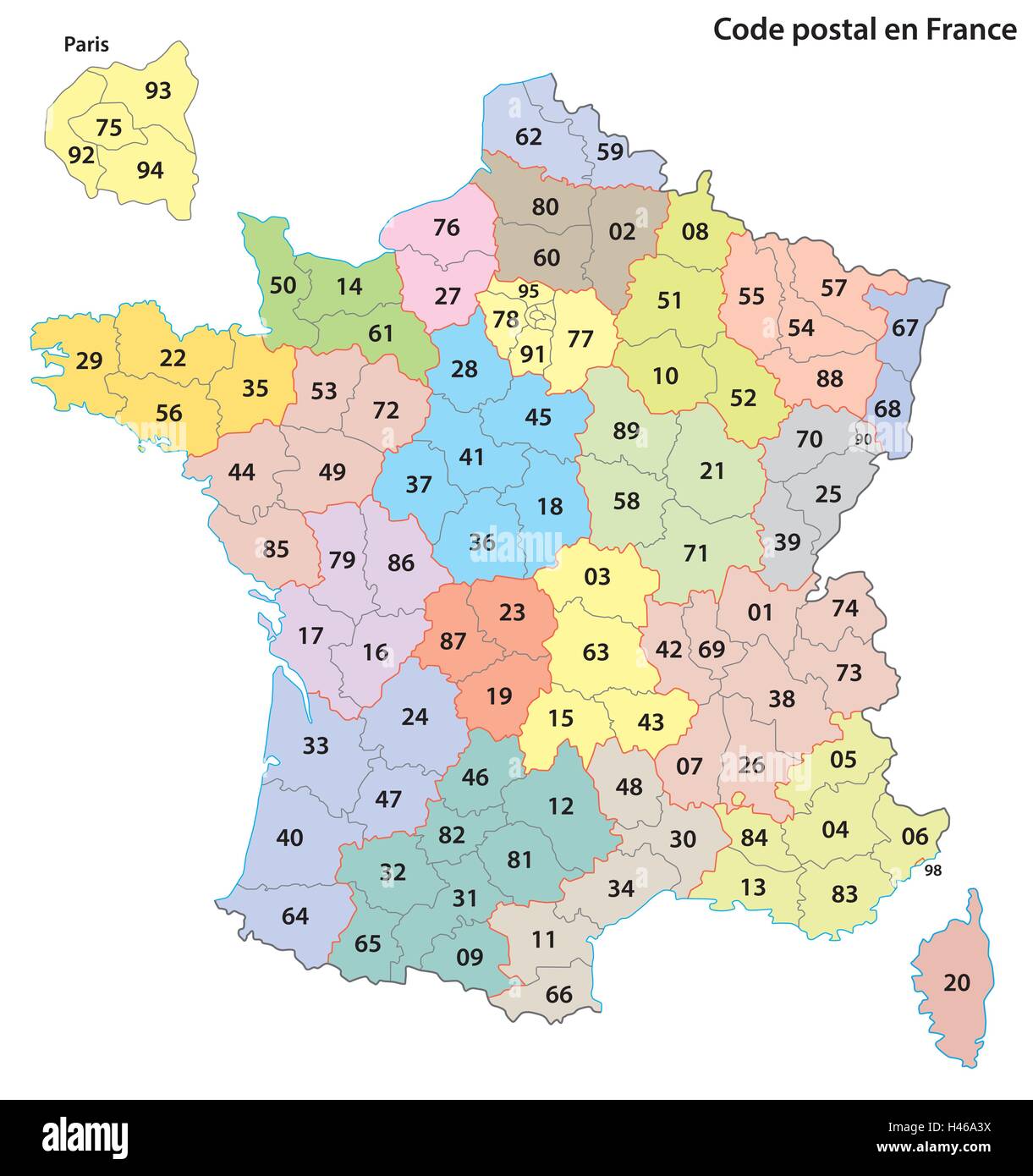 La Francia a 2 cifre dei codici postali mappa Illustrazione Vettoriale