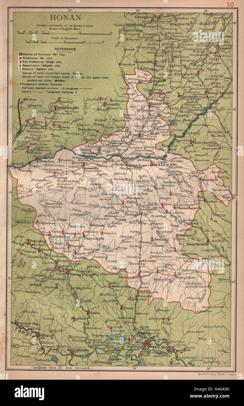 Honan (Henan) Cina mappa della provincia. Kaifeng, Chengchow (Zhengzhou). STANFORD 1908 Foto Stock