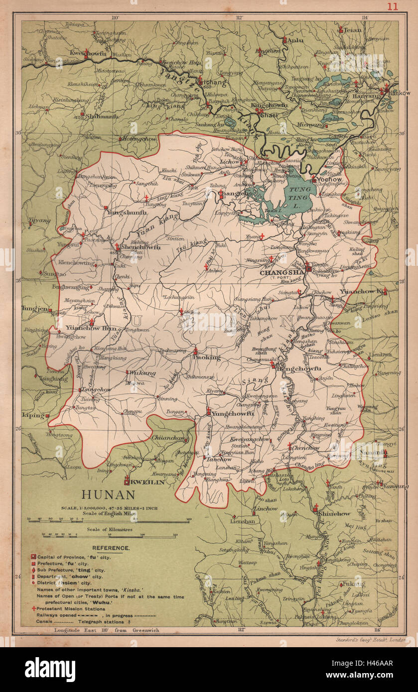 Hunan (Hunan) Cina mappa della provincia. Changsha. STANFORD 1908 antica Foto Stock