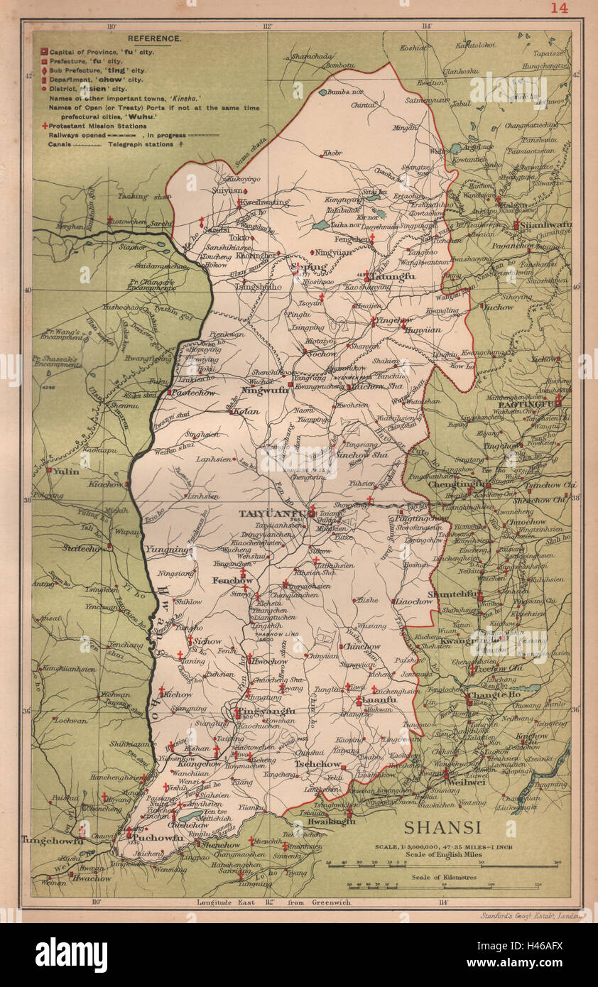 Shansi (Shanxi) Cina mappa della provincia. Taiyuanfu. STANFORD 1908 antica Foto Stock