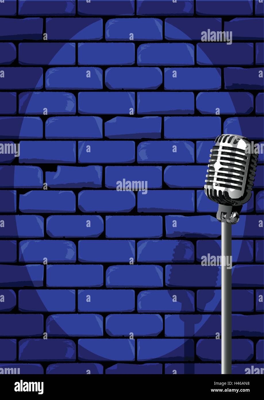 Un microfono pronto sul palco contro un muro di mattoni con grunge Illustrazione Vettoriale