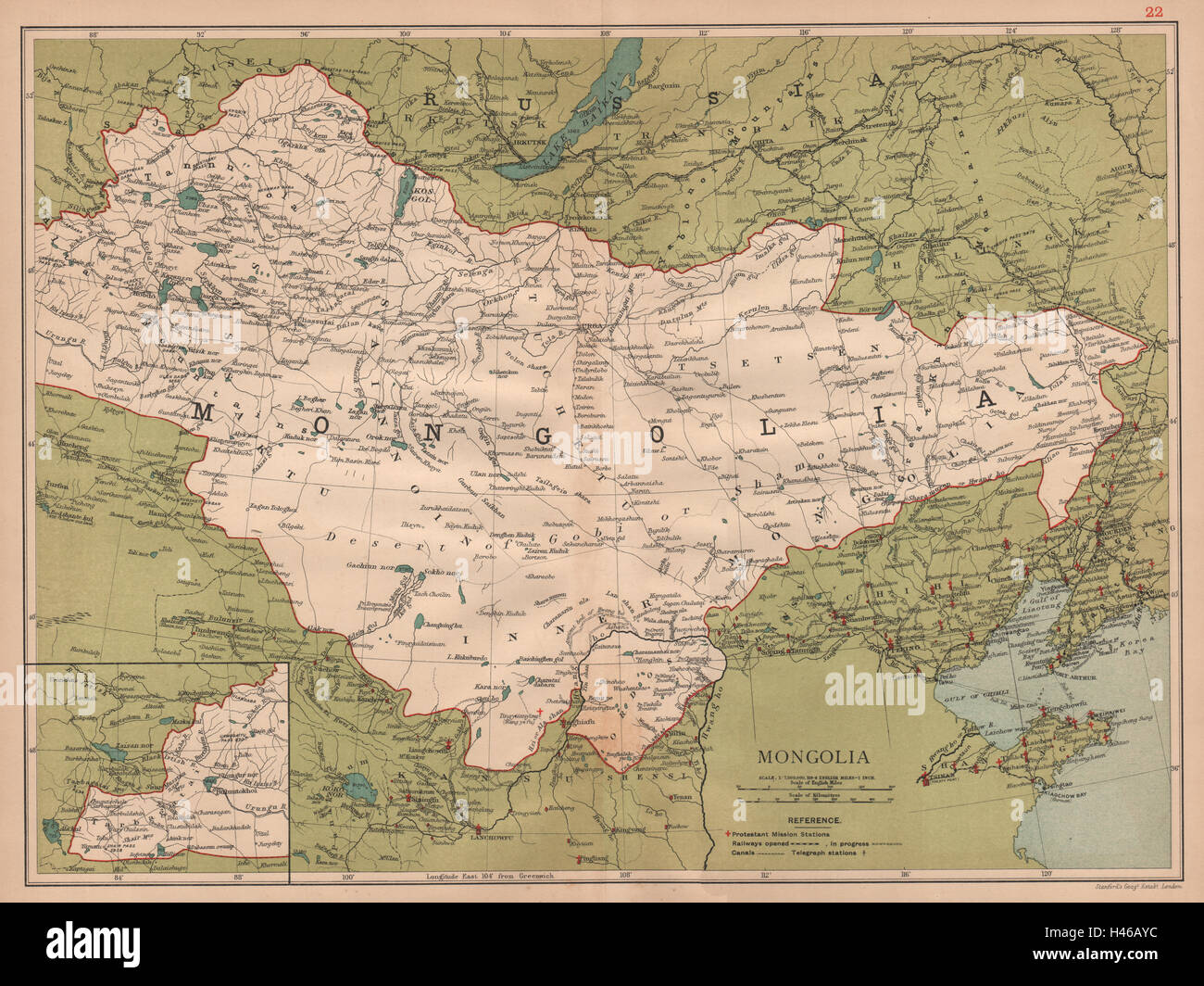 La Mongolia che mostra la Grande Muraglia della Cina. Pechino Pechino/&c. STANFORD 1908 mappa Foto Stock