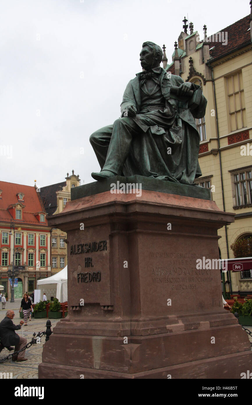 Polonia Wroclaw, marketplace, monumento Aleksander Fredro, Foto Stock