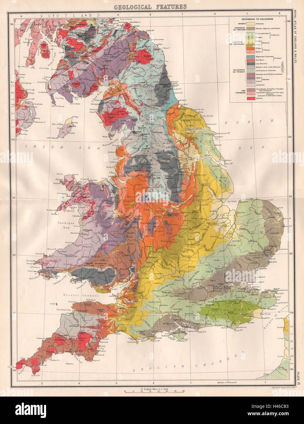 Gran Bretagna geologiche. Inghilterra e Galles geologia 1898 antica mappa grafico Foto Stock