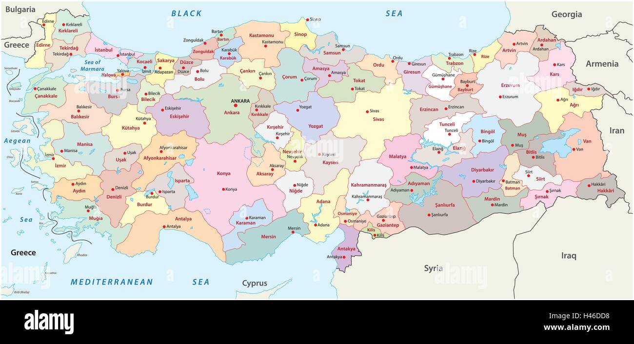 La Turchia mappa amministrativa Illustrazione Vettoriale