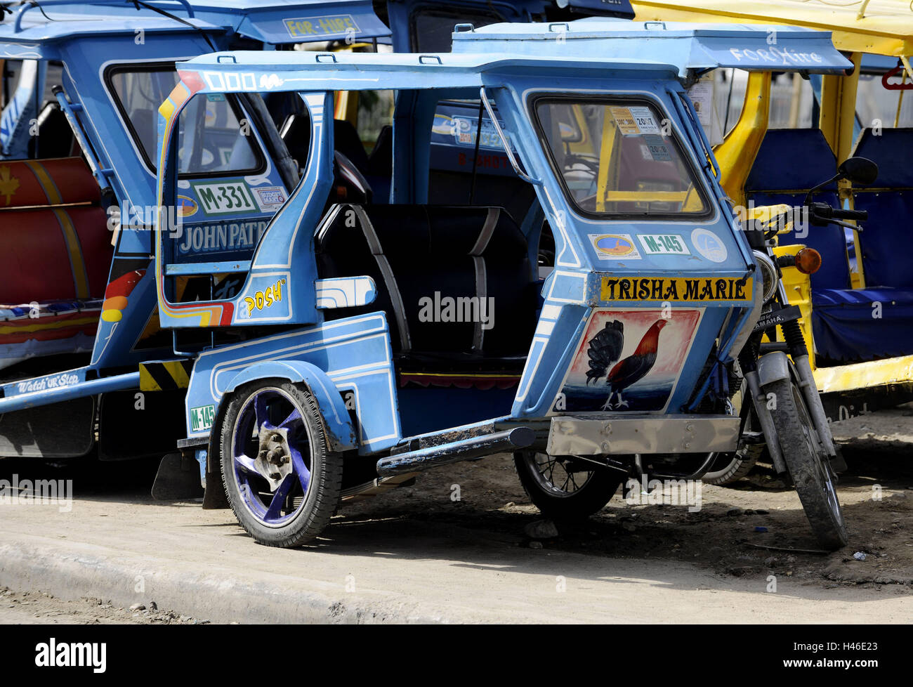 Le Filippine, Boracay, sidecar, triciclo, vacanze, viaggi, vacanze, tecnologia, colorfully, taxi, veicolo, tradizione, parco, turismo, promozione, motociclo, Foto Stock