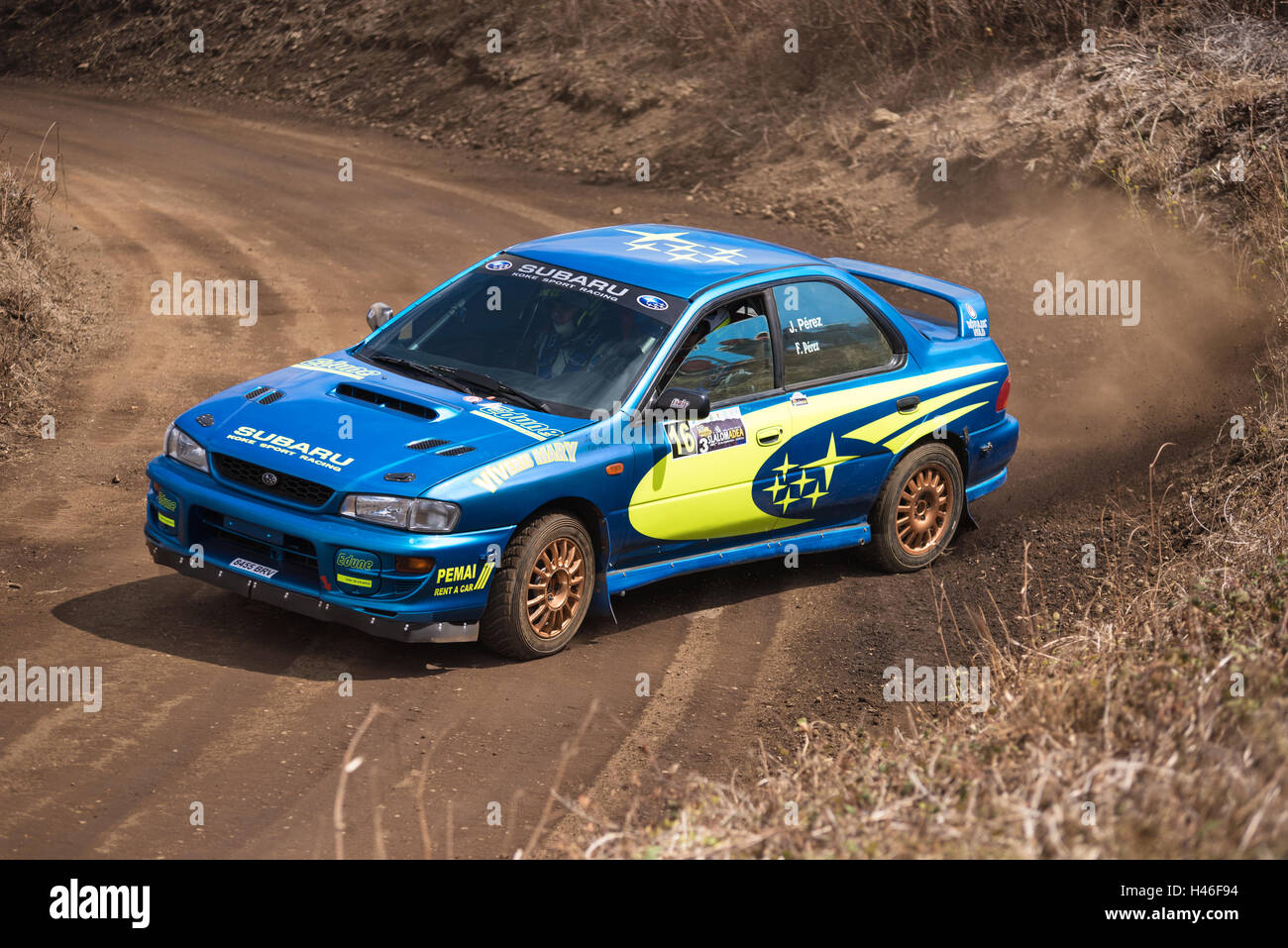 LA PALMA, Spagna - 10 settembre: Subaru Impreza durante il rally show Villa de Mazo il 10 settembre 2016 a La Palma, isola Canarie, Foto Stock