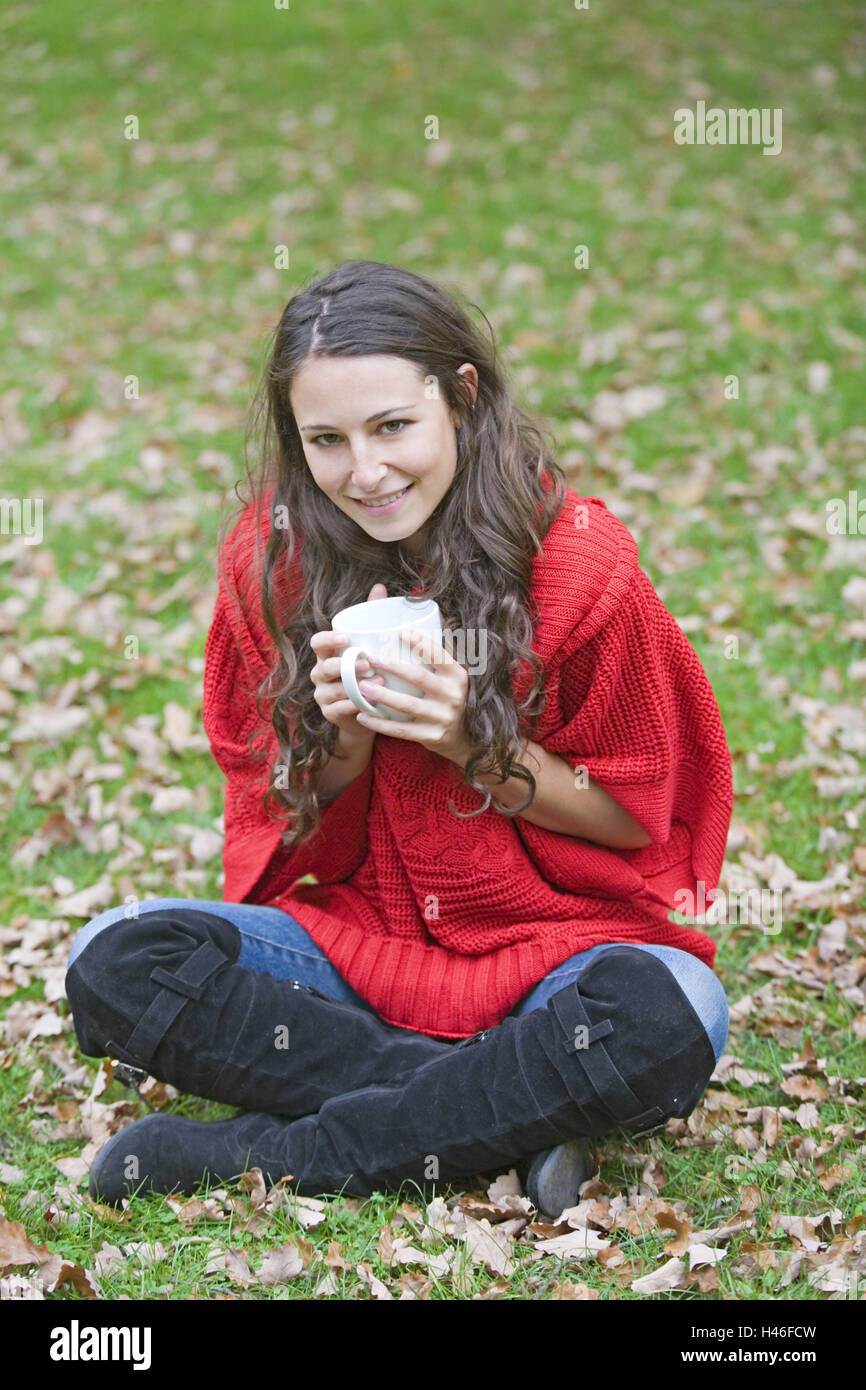 Donna, siedono giovani, parco, prato, tazze da caffè, sorriso, autunno Foto Stock