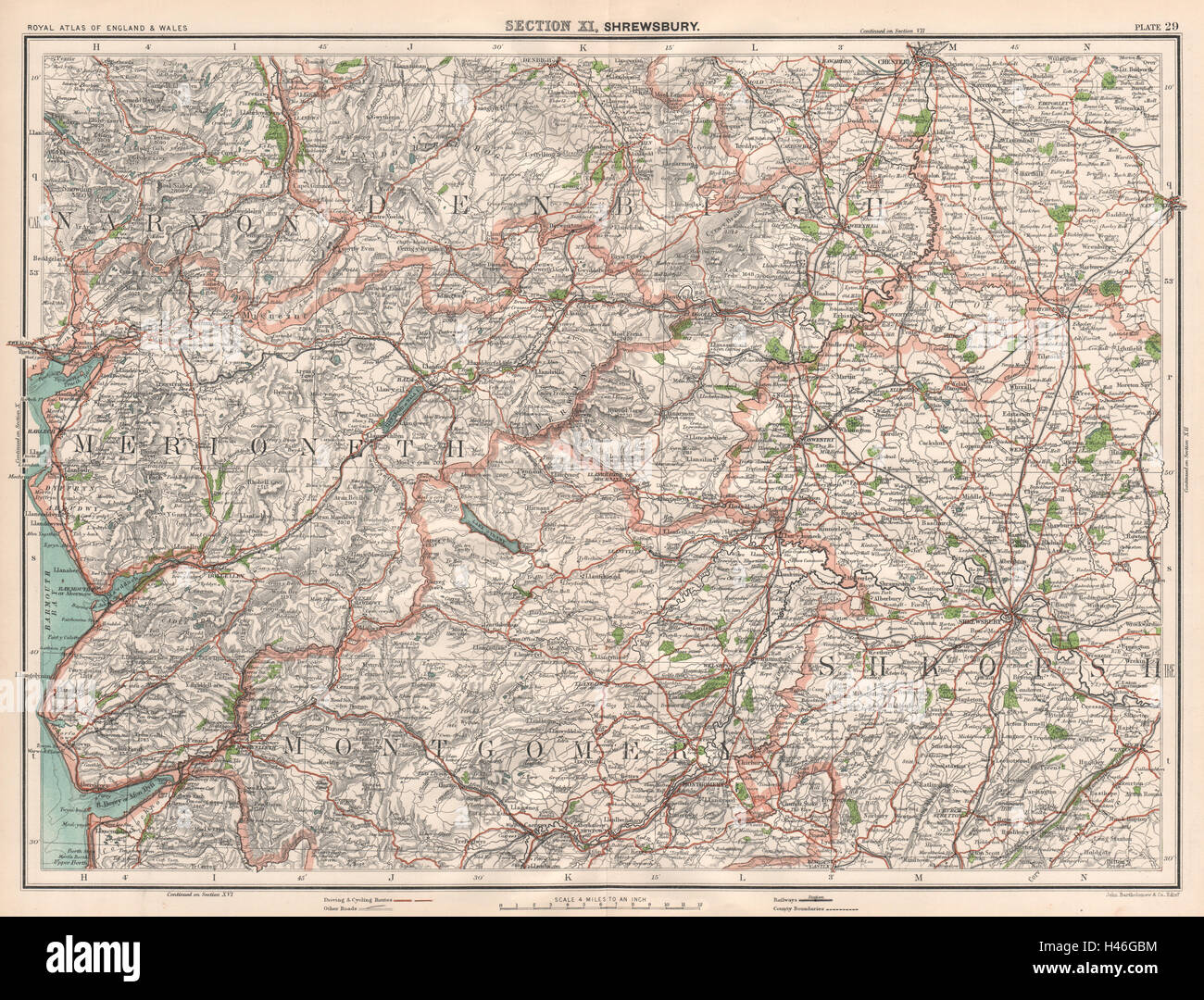 Il Galles centrale & Shropshire. Snowdonia sud. Shrewsbury Montgomery 1898 mappa Foto Stock