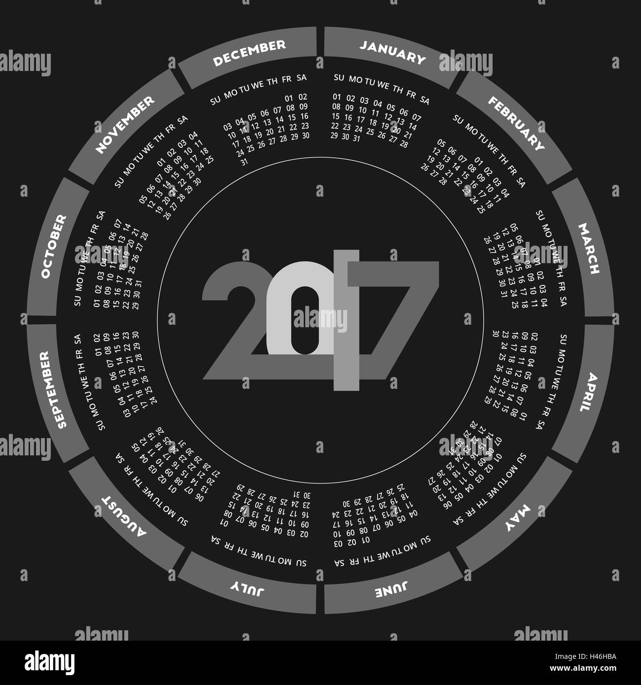 Round del calendario 2017 design. Settimana comincia la domenica Illustrazione Vettoriale