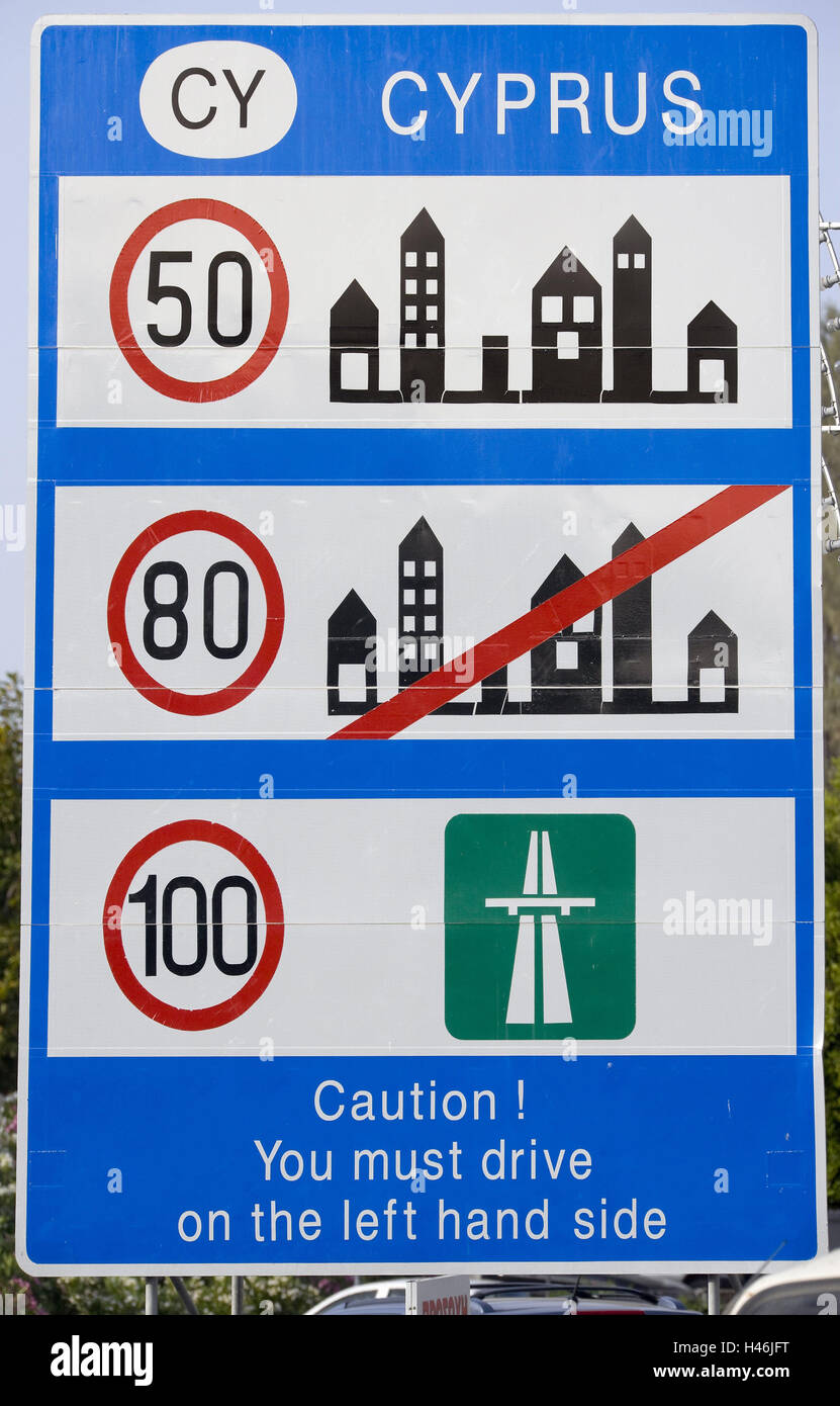 Cipro, cartello stradale, punta, regole di traffico, a Südzypern, Europa, segno, segno di traffico, bacheca, segno, suggerimento bacheca, traffico traffico di veicoli a motore, il collegamento del traffico, la sicurezza stradale, la sicurezza, regole, velocità limite di velocità, ritmo, Foto Stock