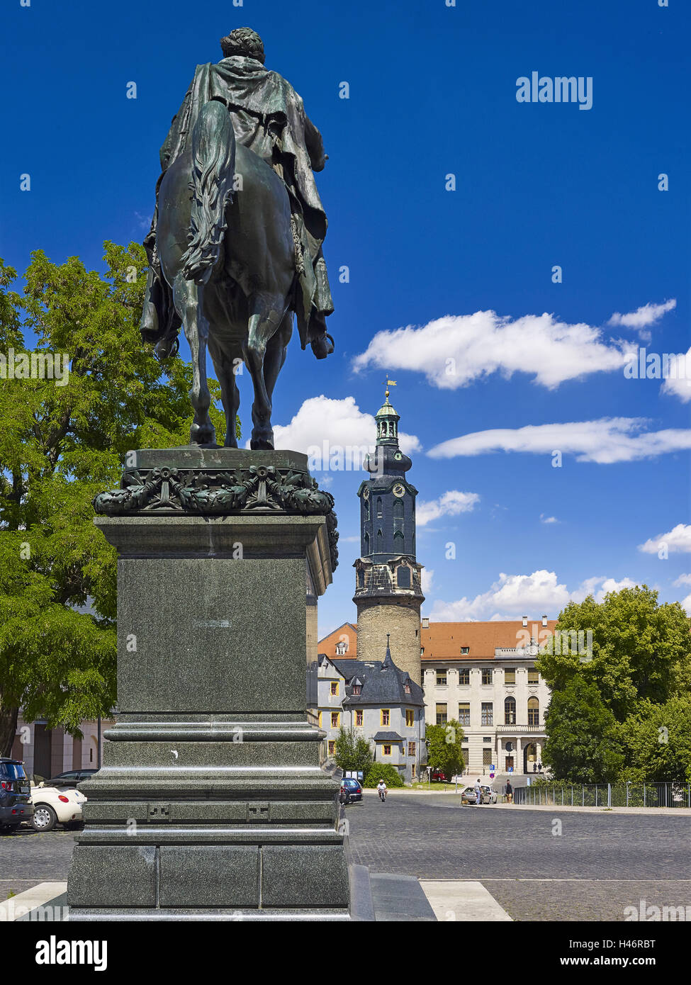 Carl-August-monumento e il Castello di Weimar, Turingia, Germania Foto Stock