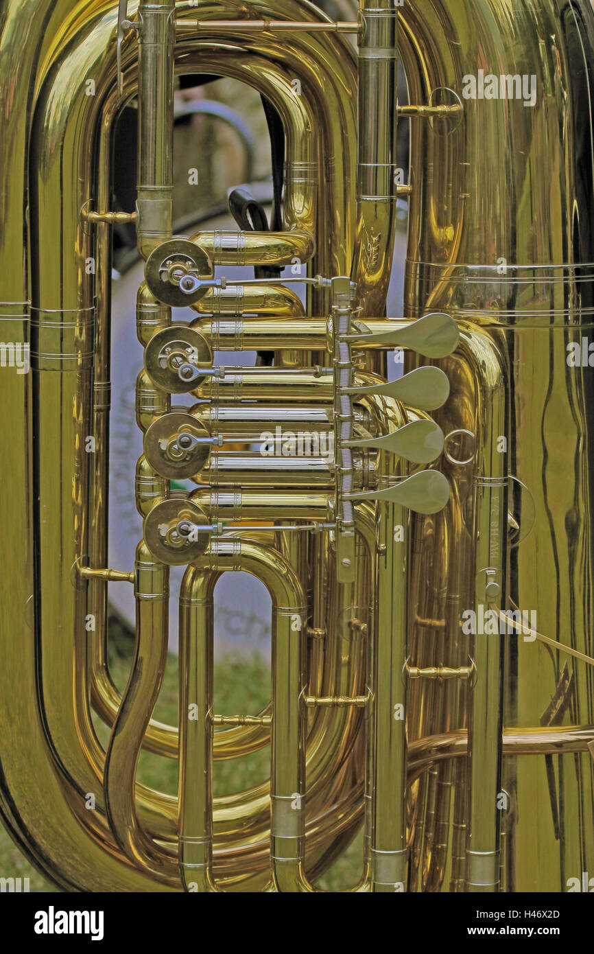 Strumento musicale tuba, medium close-up, dettaglio, Foto Stock