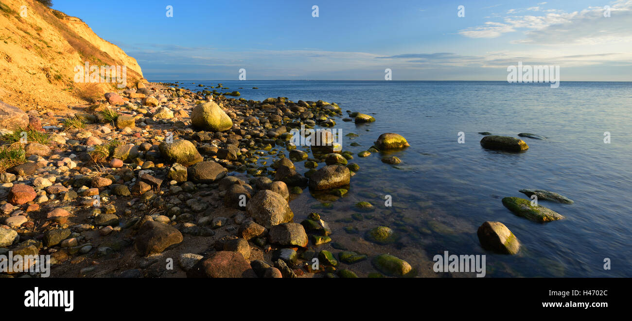 Costa e massi erratici sulla spiaggia, Gross Zicker, Mönchgut peninsula, Rügen Isola, Germania Foto Stock
