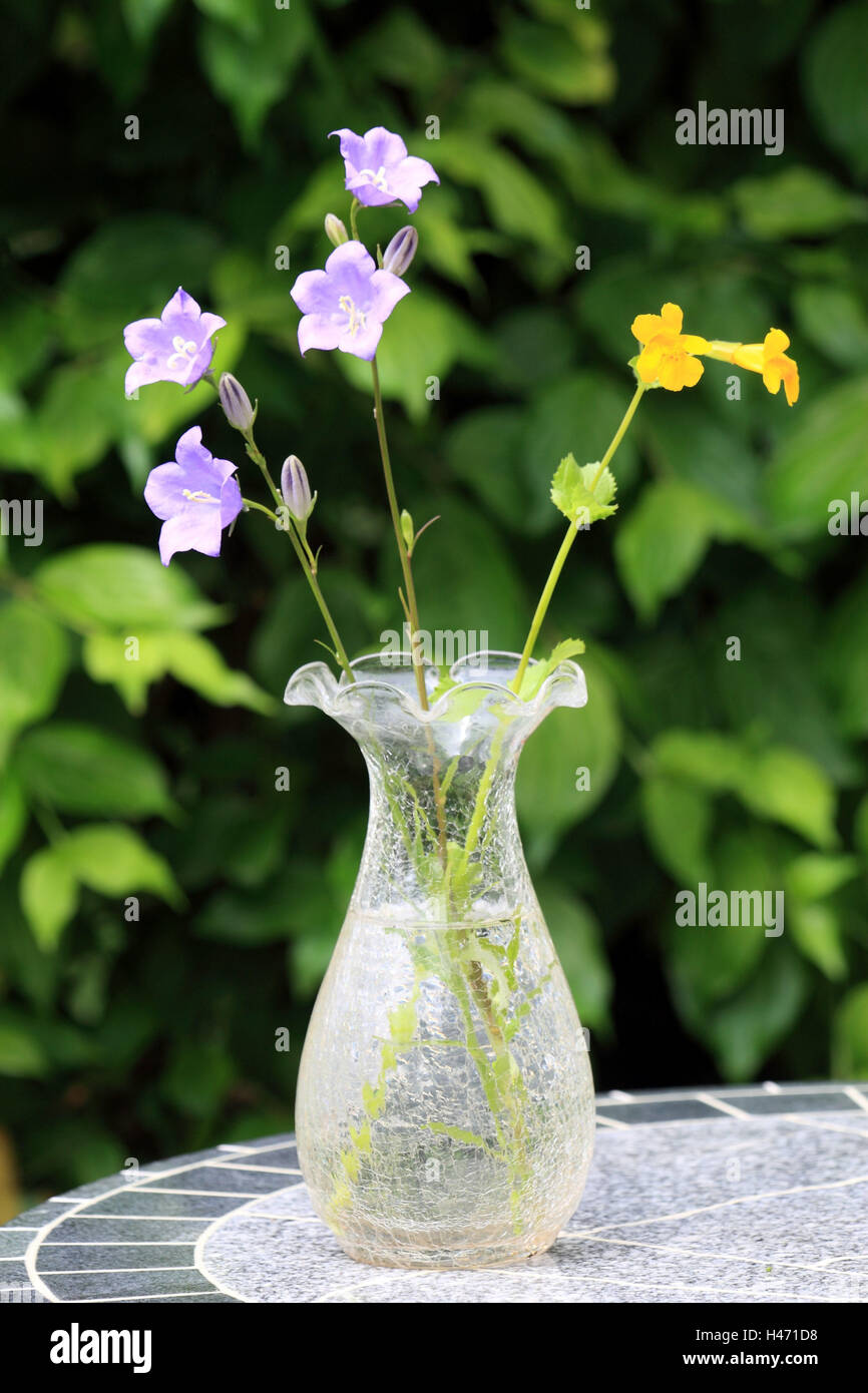 Giallo bateleur eagle fiore e la campanula in di un vaso, Foto Stock