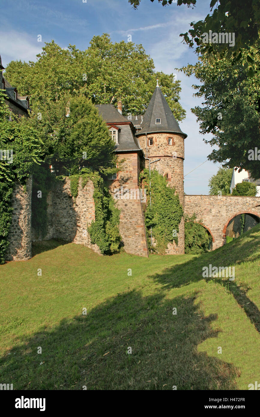 Assia, mountain fritto, castello, esterno, Fossato, bridge, portale, edificio, torre, mura difensive, il castello di mura difensive, sole, ombra, Foto Stock