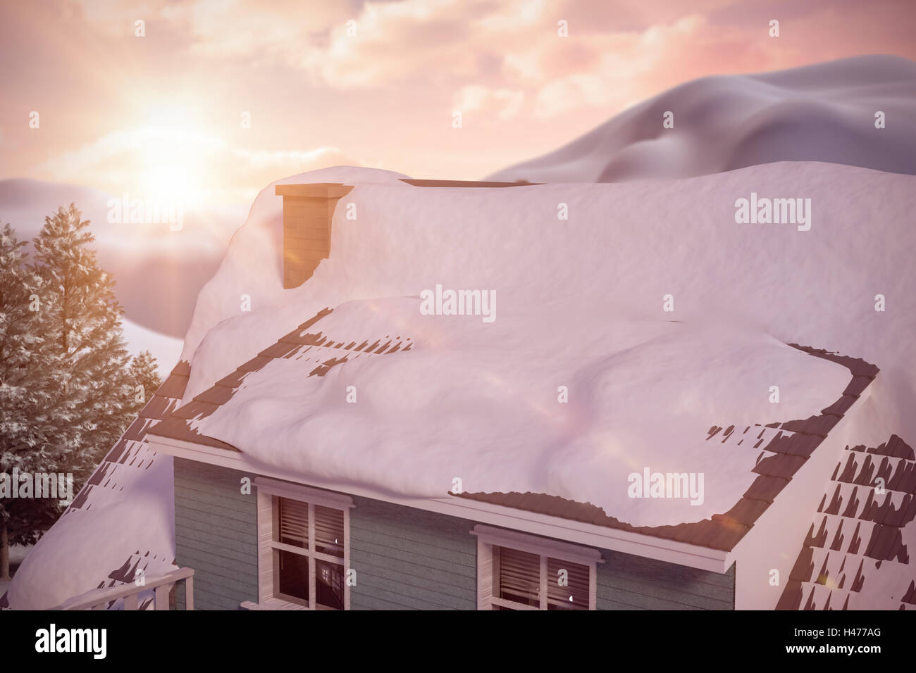 Immagine composita della coperta di neve del tetto della casa Foto Stock
