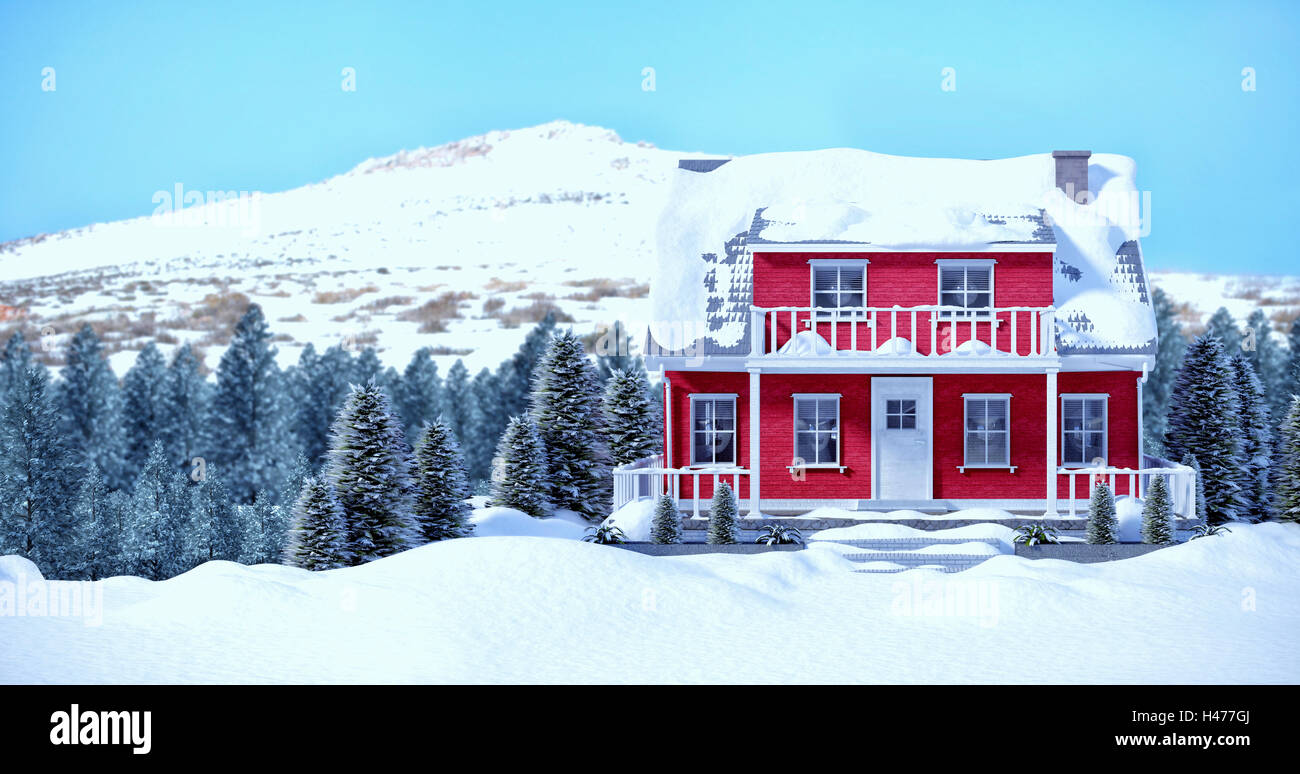 Immagine composita della casa rossa con alberi Foto Stock