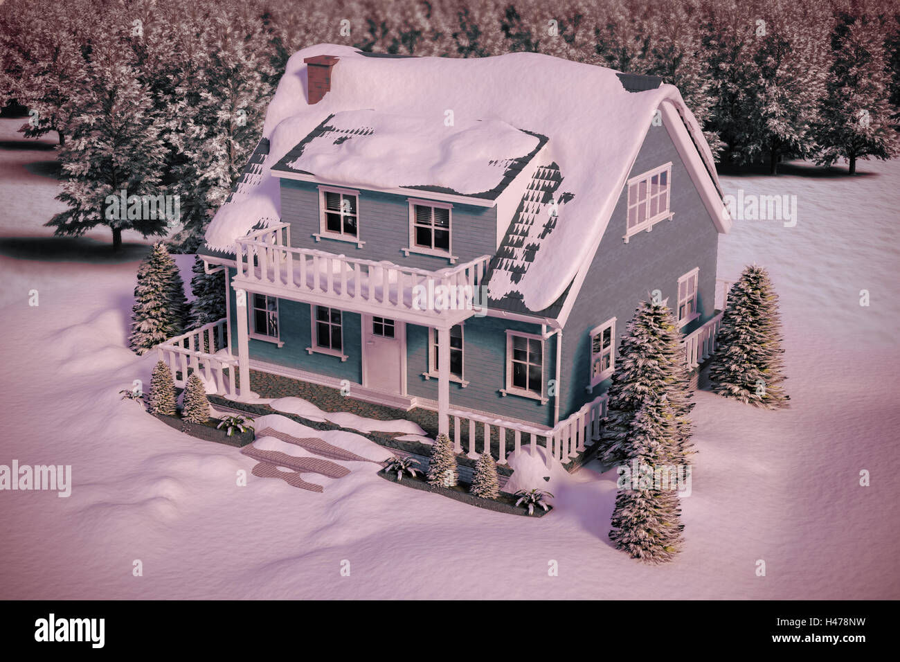 Immagine composita di elevato angolo di visione della casa coperto di neve Foto Stock