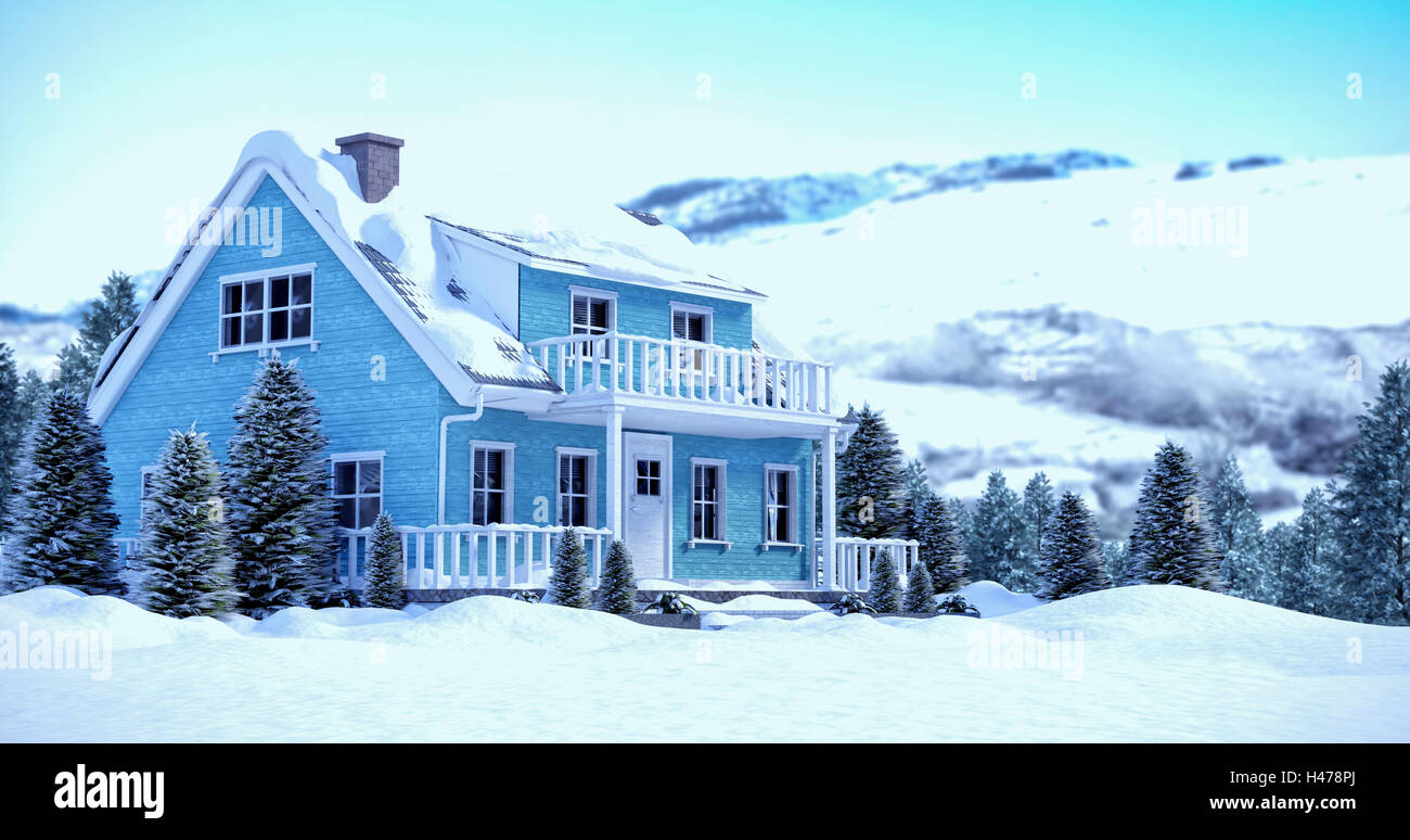 Immagine composita della coperta di neve house con alberi Foto Stock