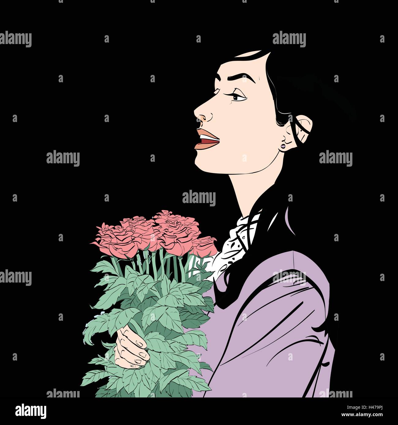 Bella donna con un mazzo di rose fiori Illustrazione Vettoriale