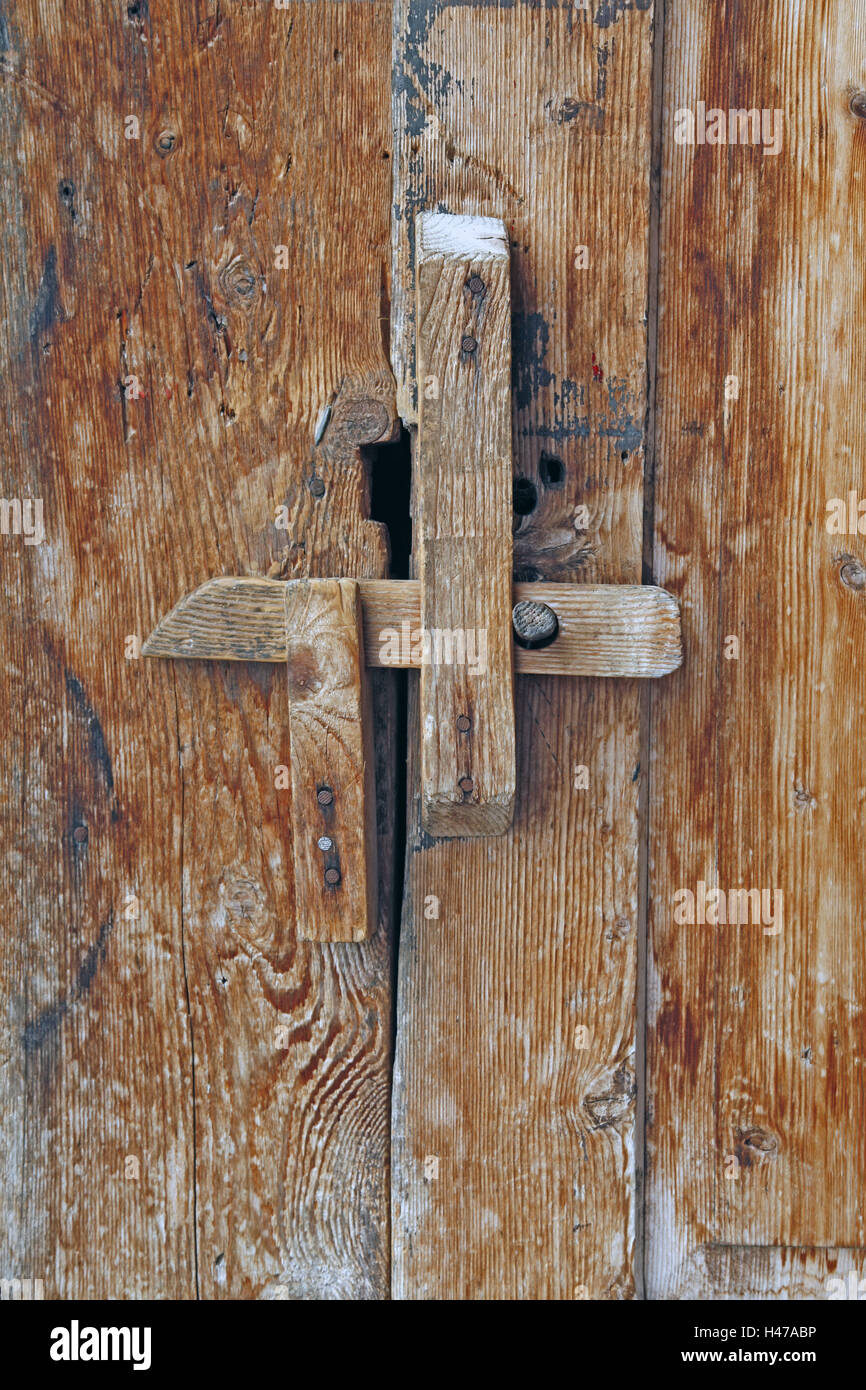 Porta di legno, latch, porta, plancia porta, la guarnizione, latch, spina, chiudere i tappi di legno, legno, legno, semplicemente, backup, resto naso, capannone in legno, chiuso Foto Stock