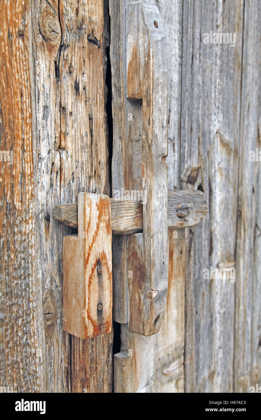 Porta di legno, latch, porta, plancia porta, la guarnizione, spina, chiudere i tappi di legno, legno, legno, semplicemente, backup, resto naso, capannone in legno, chiuso Foto Stock