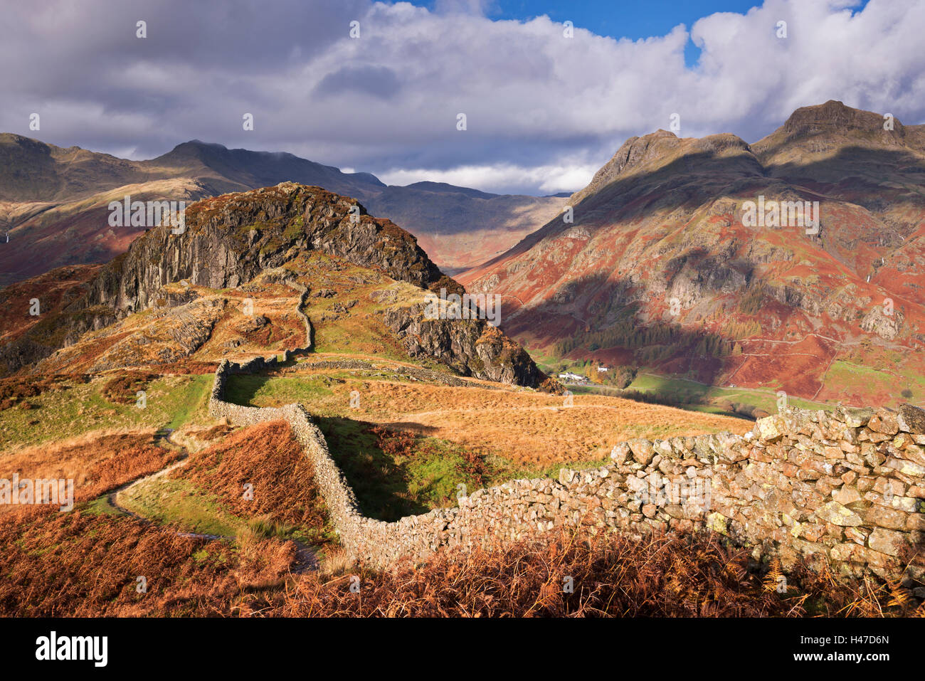 Stalattite parete su Lingmoor cadde guardando verso il lato di Pike e The Langdale Valley, Lake District, Cumbria, Regno Unito. In autunno (novembre) Foto Stock