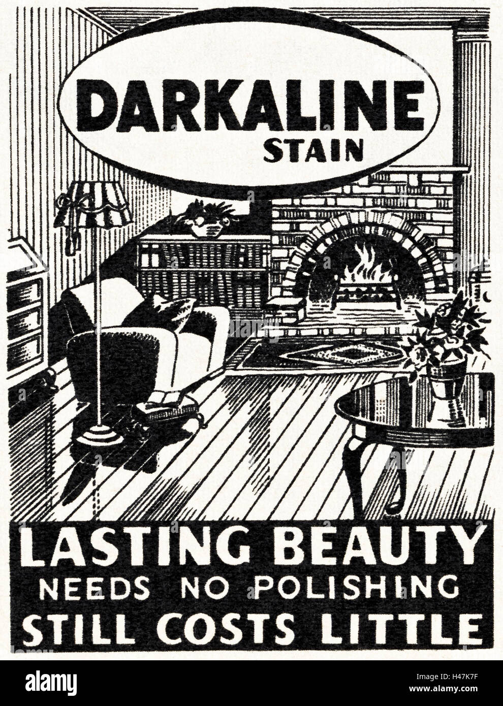 Anni Cinquanta spot pubblicitari originali dalla vecchia rivista vintage datato 1952 pubblicità per Darkaline macchia per pavimenti in legno Foto Stock