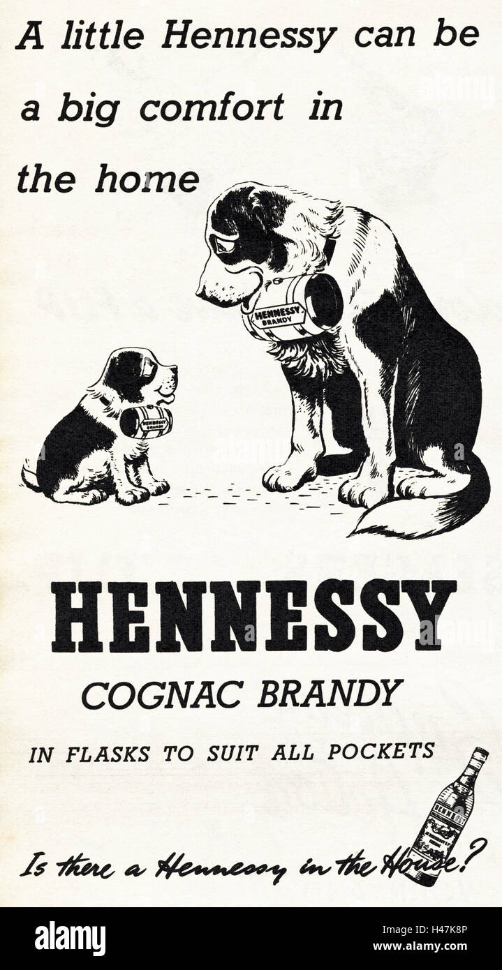 Anni Cinquanta spot pubblicitari originali dalla vecchia rivista vintage datato 1952 pubblicità per il cognac Hennessy brandy Foto Stock