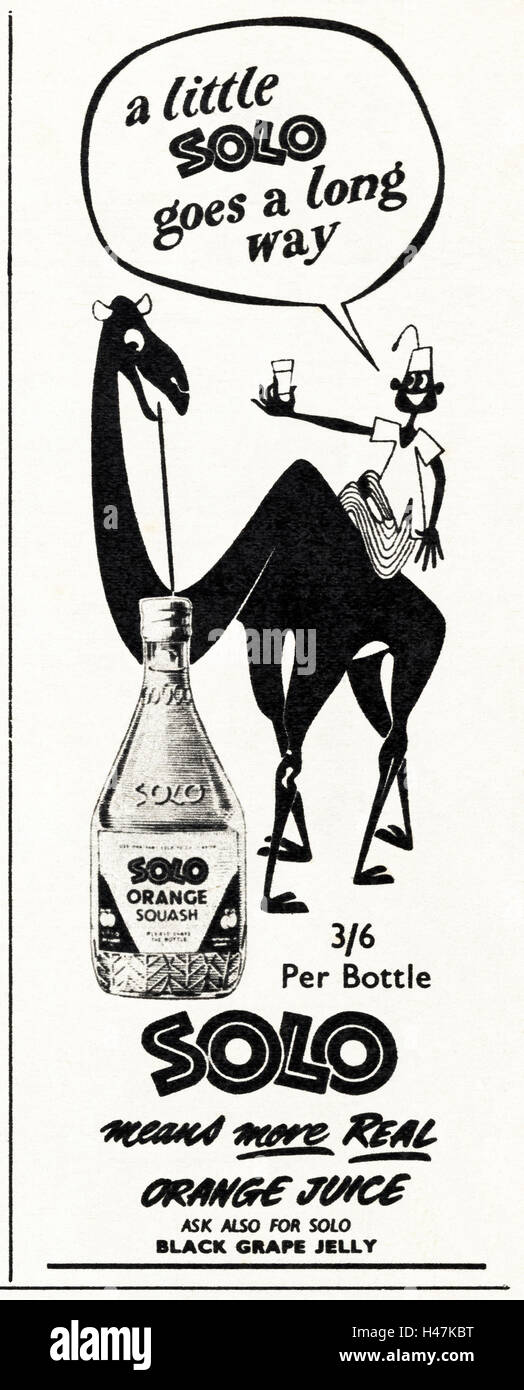 Anni Cinquanta spot pubblicitari originali dalla vecchia rivista vintage datato 1952 Annuncio per solista orange squash Foto Stock