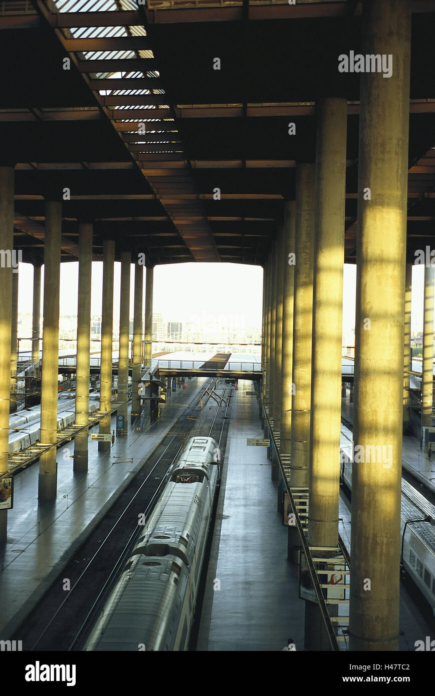 Spagna, Madrid, stazione ferroviaria, Estacion-Puerta-de-Atocha, tracce, treni, dal di sopra, capitale, edificio della stazione stazione, hall, piattaforme, distante dalla stazione ferroviaria, il trasporto ferroviario, il traffico ferroviario, trasporto, trasporto di esseri umani, viaggiare per viaggiare in treno, il viaggio in treno, destinazione, turismo, Foto Stock