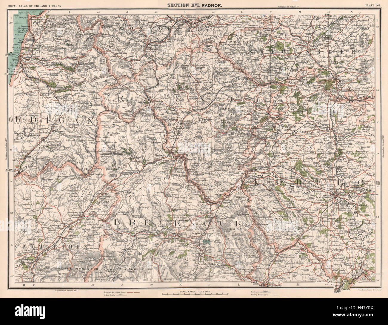 Sud Galles centrale. Brecon Beacons Shropshire Hills Plylimon Radnor 1898 mappa Foto Stock