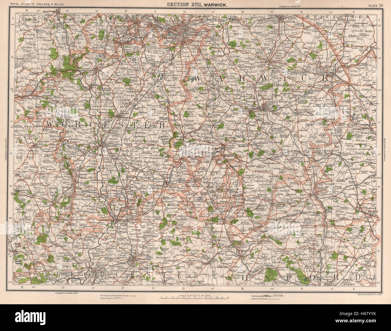 La parte centrale dell'Inghilterra. Cotswolds Nord. Malvern Hills. Worcester Warwickshire 1898 mappa Foto Stock