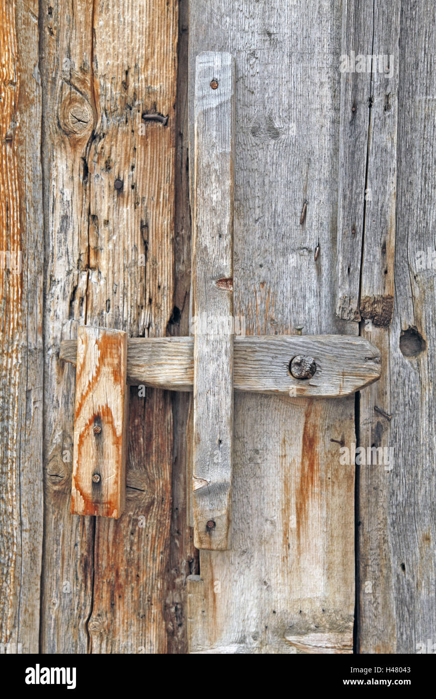 Porta di legno, latch, porta, plancia porta, la guarnizione, latch, spina, chiudere i tappi di legno, legno, legno, semplicemente, backup, resto naso, capannone in legno, chiuso Foto Stock