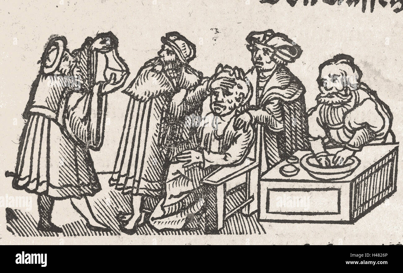 Xilografia illustrazione e testo dal libro su anatomia Foto Stock