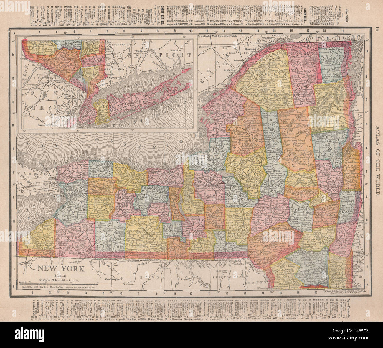 Lo stato di New York che mostra mappa contee. RAND MCNALLY 1912 antica grafico Foto Stock