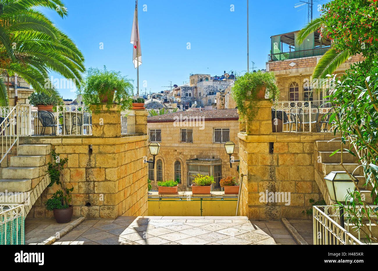 Le piante verdi sono il miglior decorazione per i palazzi in pietra di vecchia città, Gerusalemme, Israele. Foto Stock