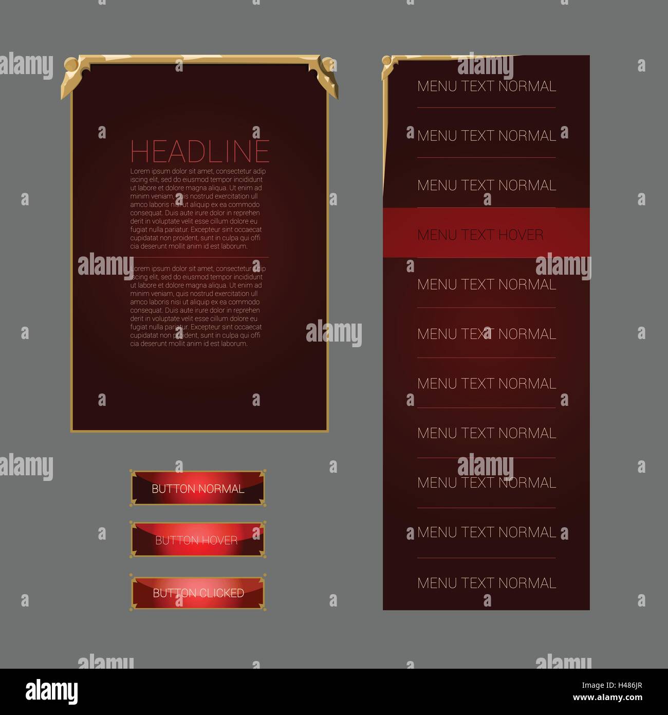 Set di vettore di fantasia di elementi di interfaccia. I pulsanti, le finestre popup e i menu. Illustrazione Vettoriale