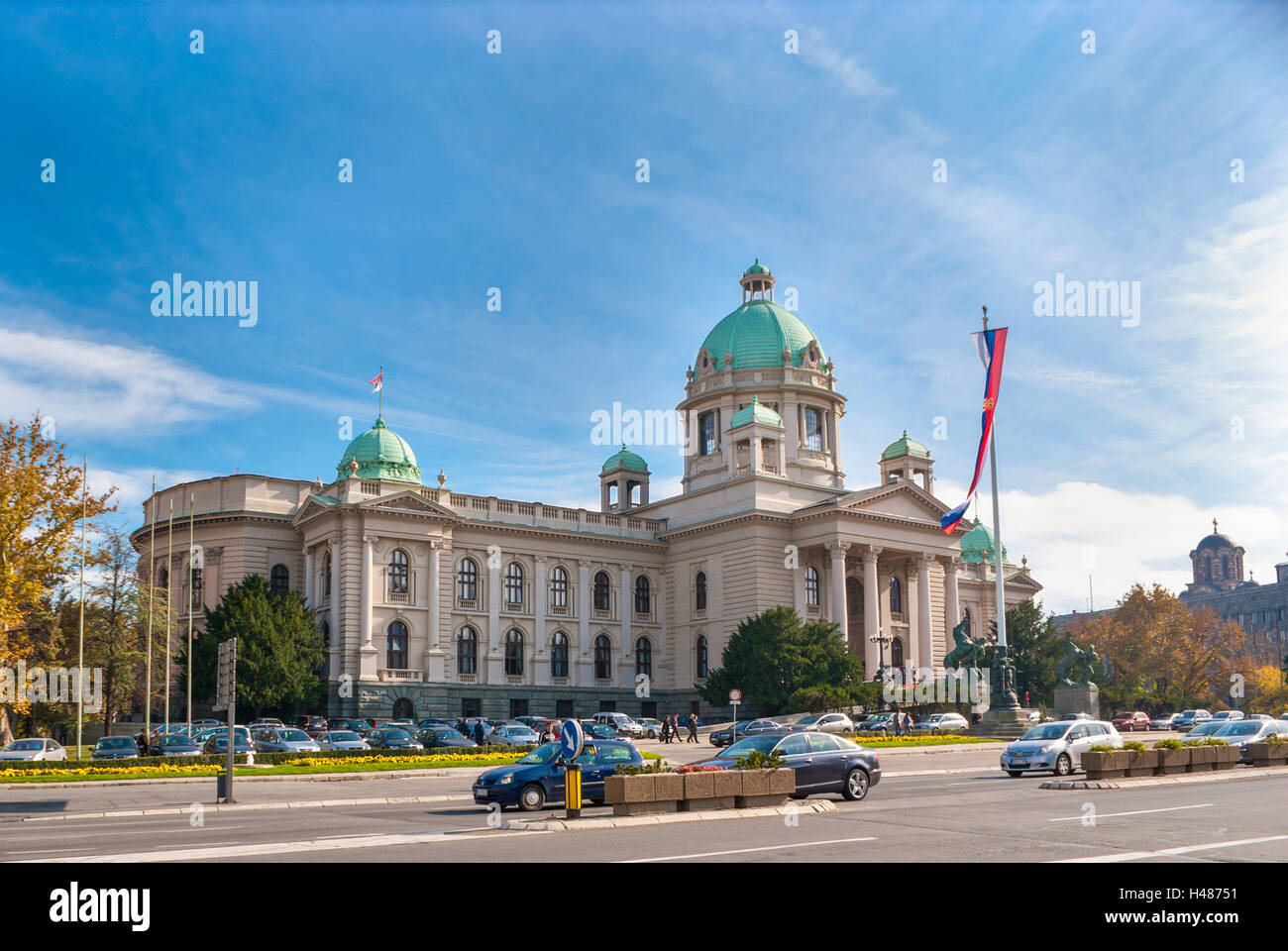 La casa dell'Assemblea nazionale della Repubblica di Serbia si trova su Nikola Pasic Square, Belgrado Foto Stock