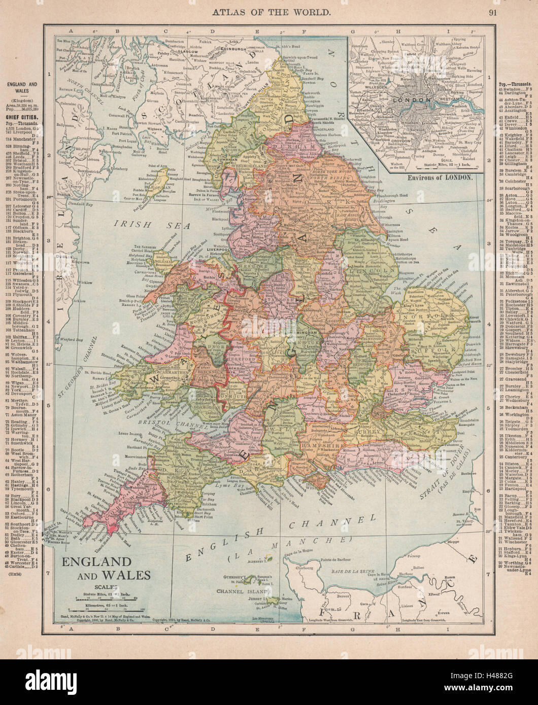 Inghilterra e Galles. Dintorni di Londra. La Gran Bretagna. RAND MCNALLY 1912 mappa vecchia Foto Stock
