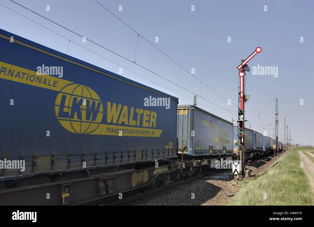 Treno merci, carrelli, etichetta, segnale, Foto Stock