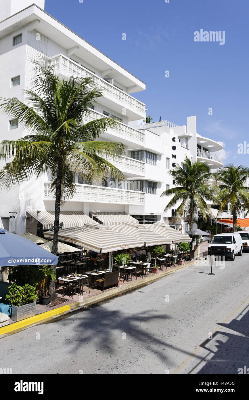 Alberghi, facciata Art Deco hotel, Ocean Drive e South Beach di Miami, Art Deco District, Florida, STATI UNITI D'AMERICA, Foto Stock