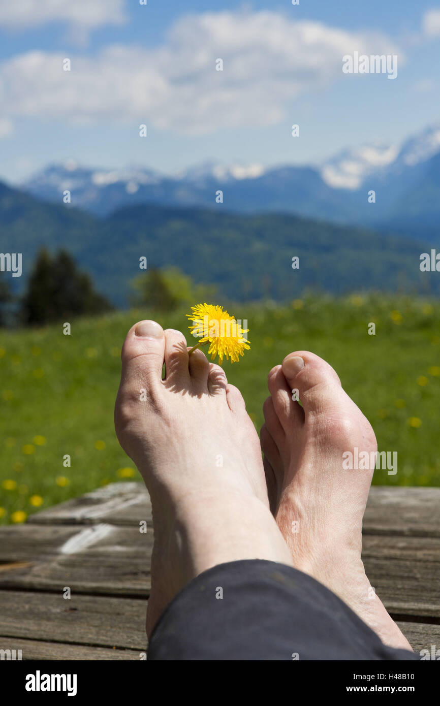 Escursionismo break, per tendere i piedi, Bregenzerwald (regione), Schwarzberg (montagna), Vorarlberg, Austria, Foto Stock